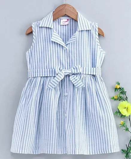 Rassha Sleeveless Striped Shirt Dress - White & Blue