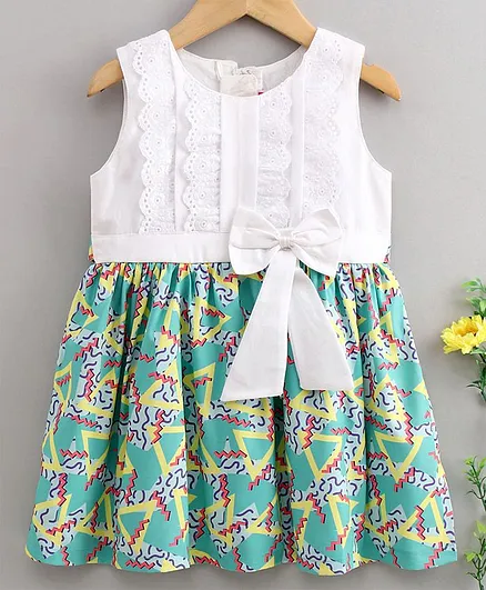 Rassha Sleeveless Lace & Bow Detailing Dress - White & Green
