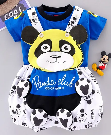 Jb Club Half Sleeves Tee With Panda Print Romper Style Dungaree - Royal Blue