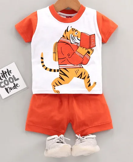 Jb Club Half Sleeves Tiger Print Tee With Shorts - Red