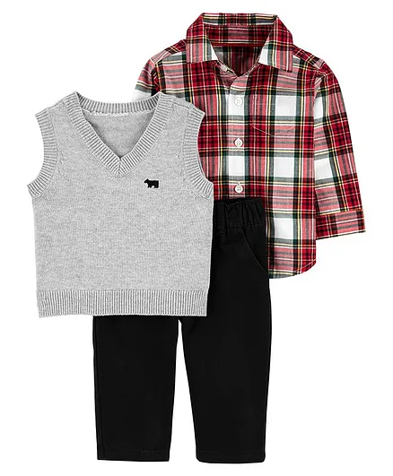 Carter's 3-Piece Sweater Vest Set - Grey Red Black