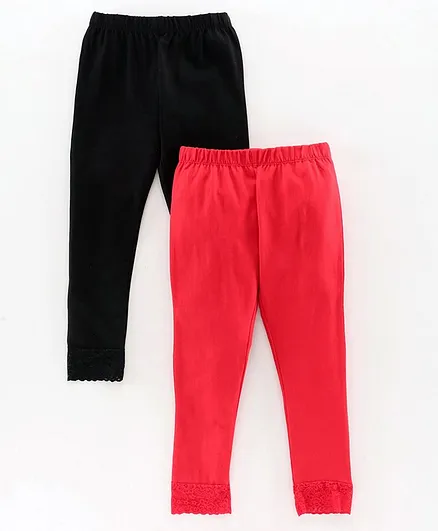 Pine Kids Full Length Lace Border Organic Cotton Leggings Pack of 2 - Red Black