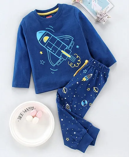 Babyhug Full Sleeves Night Suit Rocket Print - Blue