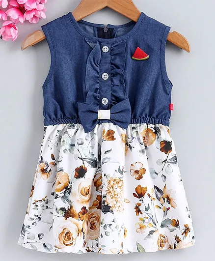 Twetoons Sleeveless Printed Frock Bow Applique - Blue Light Yellow
