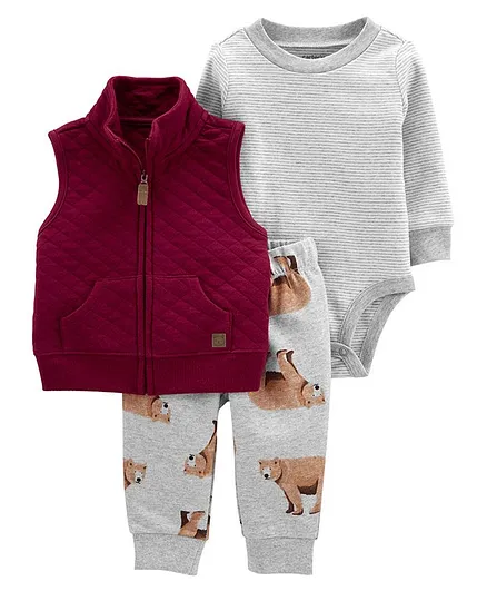 Carter's 3-Piece Quilted Vest Set - Maroon Grey