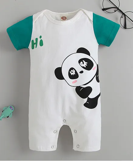 Kookie Kids Half Sleeves Romper Panda Print - White
