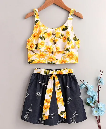 M'andy Sleeveless Sunflower Print Top With Skirt - Yellow