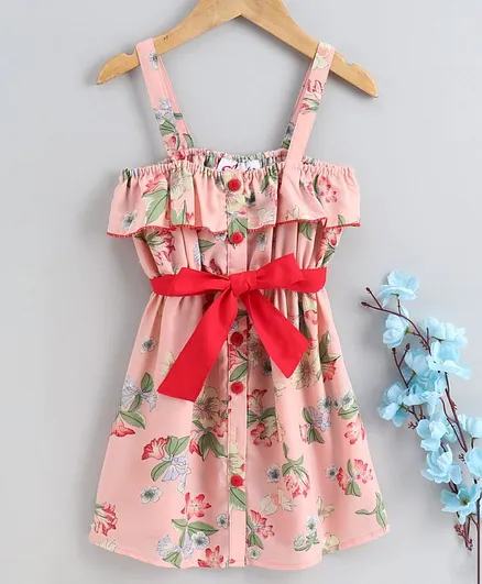 M'andy Sleeveless Floral Print Button Down Dress - Peach