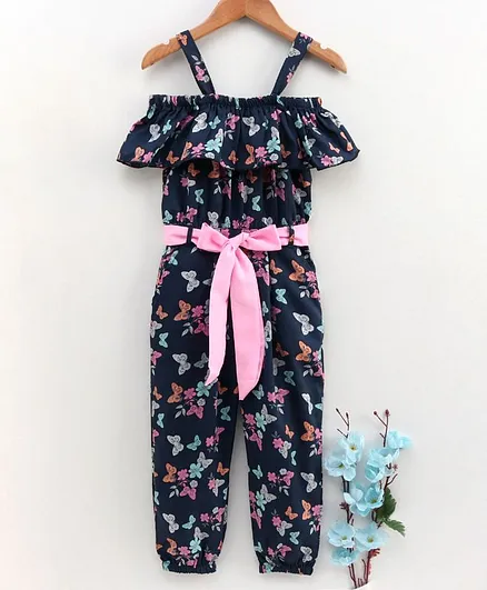 M'andy Half Sleeves Butterfly Printed Jumpsuit - Navy Blue