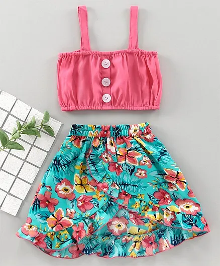 M'andy Sleeveless Crop Top With Floral Print Bohemian Skirt - Pink