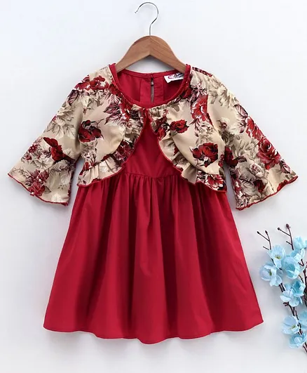 M'andy Solid Colour Dress With Three Fourth Sleeves Floral Print Shrug - Red