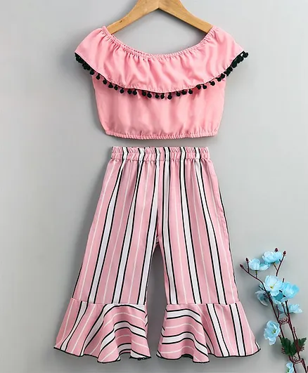 M'andy Short Sleeves Off Shoulder Top With Striped Pants - Pink