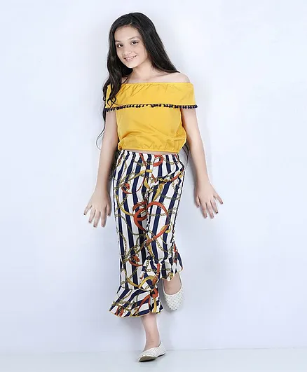 M'andy Short Sleeves Top With Belt Print Pants - Yellow