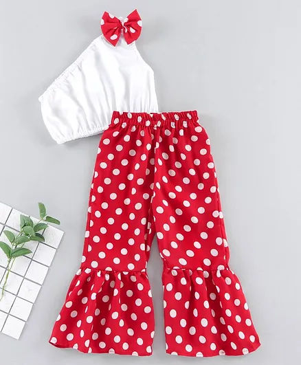 M'andy Sleeveless Bow Detailed One Shoulder Top With Flared Polka Dotted Retro Pants - White Red