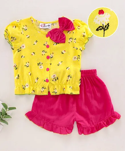 M'andy Short Puffed Sleeves Flower Print Top With Shorts - Yellow