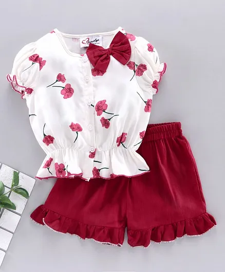 M'andy Short Sleeves Flower Print Top With Shorts - White Maroon