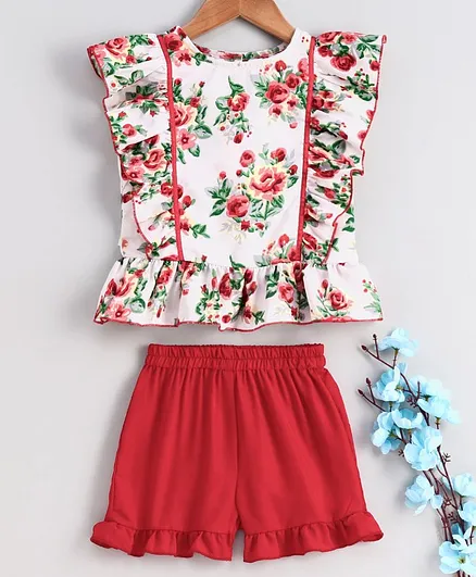 M'andy Short Sleeves Flower Print Top With Shorts - White