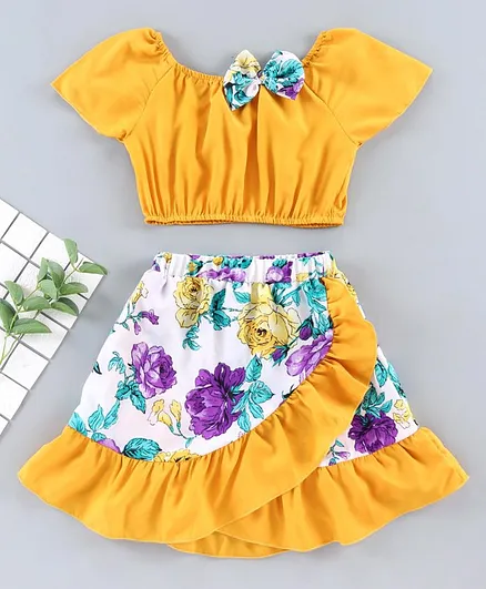 M'andy Short Sleeves Top With Frill Detailed Floral Print Skirt - Yellow