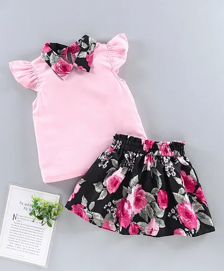 M'andy Cap Sleeves Top With Floral Print Skirt - Pink
