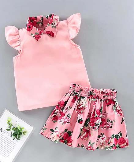 M'andy Floral Print Skirt With Cap Sleeves Top - Pink