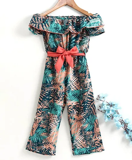 M'andy Short Sleeves Tropical Print Flared Hem Jumpsuit - Green