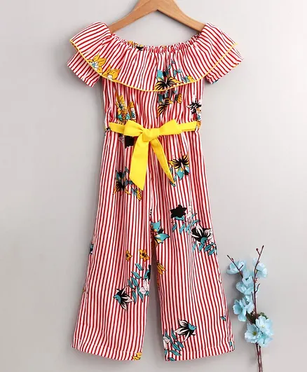 M'andy Flower Print Short Sleeves Striped Jumpsuit - Red