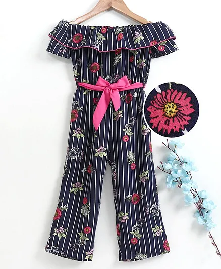 M'andy Short Sleeves Striped & Flower Print Jumpsuit - Blue