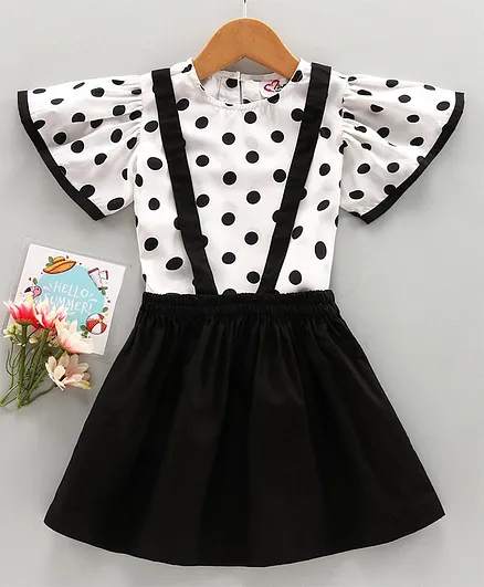 M'andy Half Sleeves Polka Dot Printed Top With Suspender Skirt - White & Black
