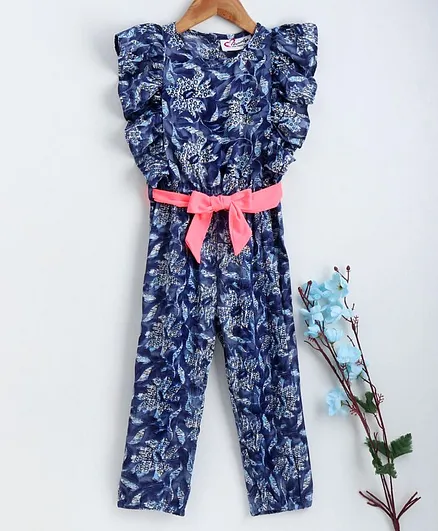 M'andy Cap Sleeves Flower Print Jumpsuit - Blue