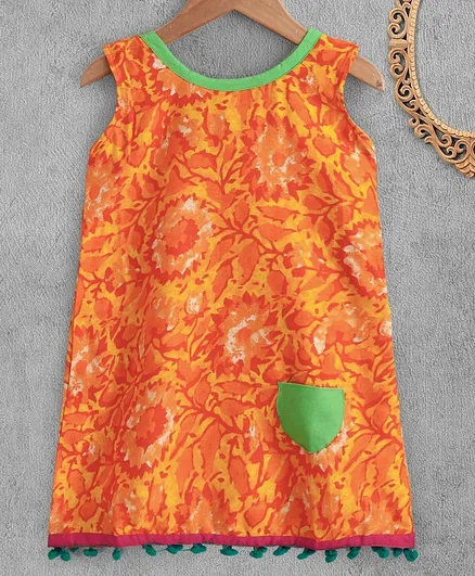 M'andy Sleeveless Straight Cut Abstract Design om Pom Lace Dress - Orange