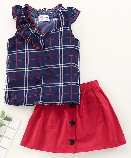 M'andy Sleeveless Checked Top With Skirt - Blue