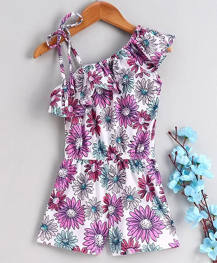 M'andy Sleeveless Sunflower Printed Jumpsuit - White & Pink