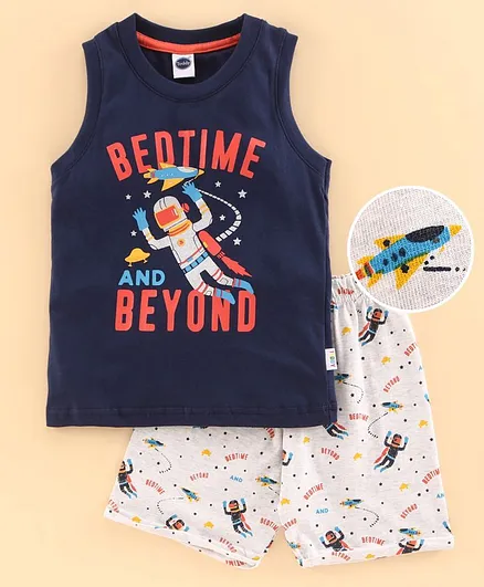 Teddy Sleeveless Tee And Shorts Sets Text Print - Blue