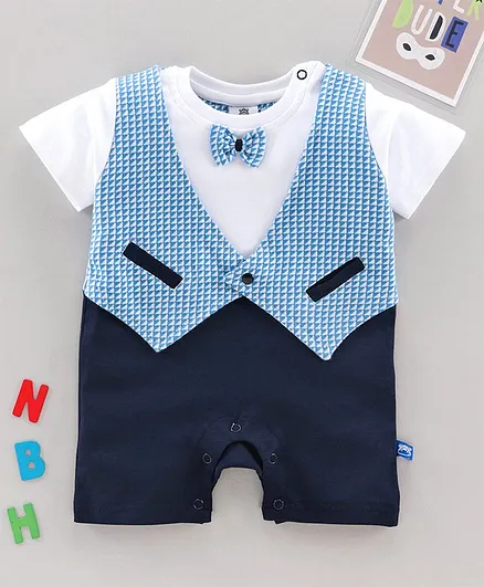 Mini Taurus Half Sleeves Party Wear Romper with Bow - Blue