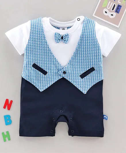 Mini Taurus Half Sleeves Party Wear Romper with Bow - Blue
