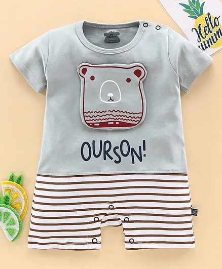 Mini Taurus Half Sleeves Romper Bear Patch - Grey