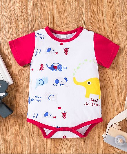 Kookie Kids Half Sleeves Onesie Animal Print - White