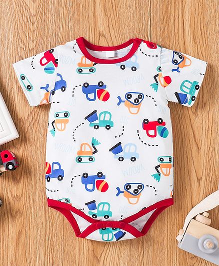 Kookie Kids Half Sleeves Onesie Car Print - White