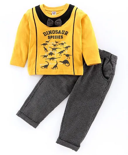 Nottie Planet Dino Print Full Sleeves Tee With Bottom - Mustard