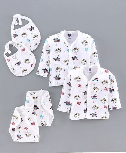 Nottie Planet Animal Face Print Full Sleeves Pack Of 2 Vest 2 Bib & 2 Diaper Shorts - Multi Color