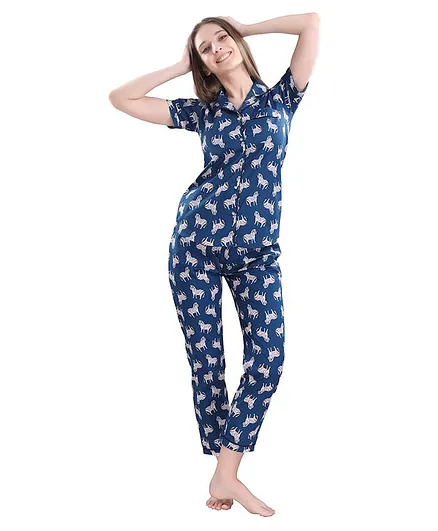 Piu Short Sleeves Zebra Print Night Suit - Blue