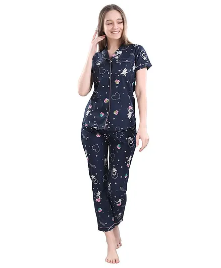 Piu Short Sleeves Galaxy Print Night Suit - Dark Blue