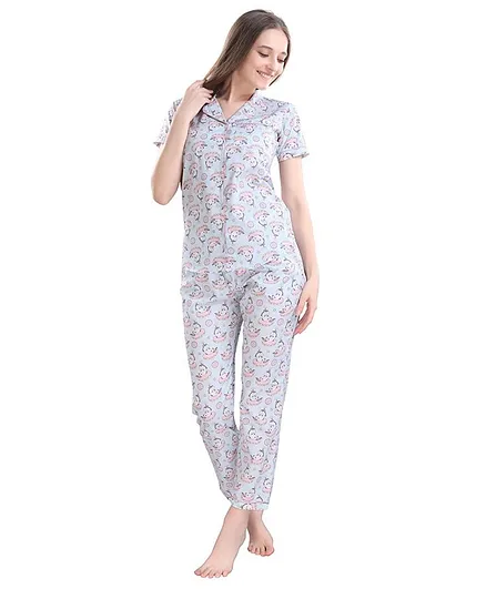 Piu Half Sleeves Unicorn Print Night Suit - Blue