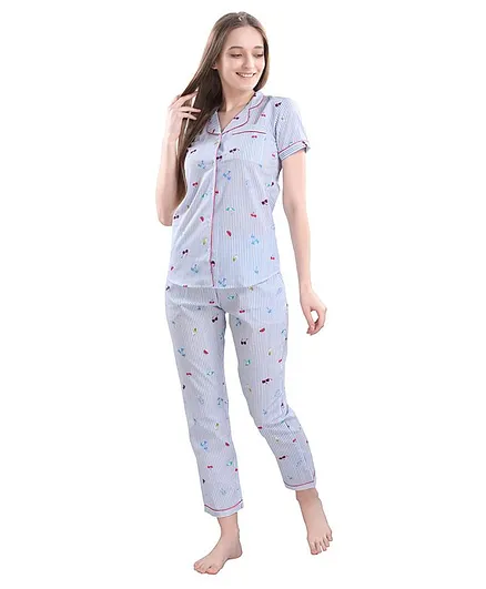 Piu Short Sleeves Striped Maternity Night Suit - Light Blue