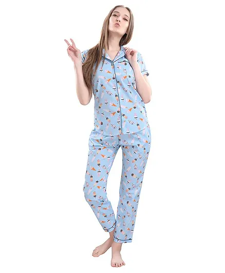Piu Short Sleeves Maternity Ice Cream Print Night Suit - Blue