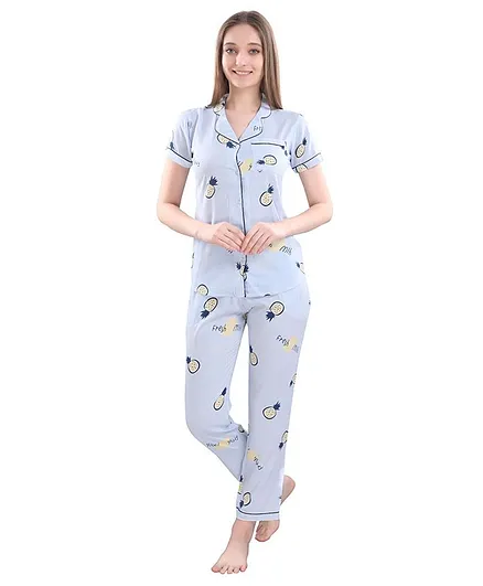 Piu Short Sleeves Pineapple Print Maternity Night Suit - Blue