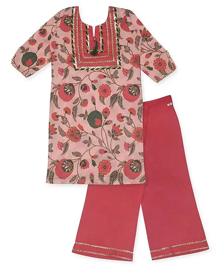 Kinder Kids Three Fourth Sleeves Floral Printed Straight Kurti With Tasseled Neckline & Pants - Pink