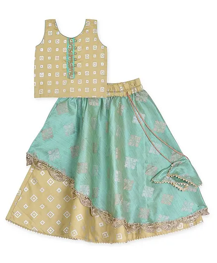 Kinder Kids Sleeveless Box Print Choli With Lehenga - Brown Green