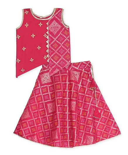 Kinder Kids Sleeveless Bandhani Gold Print Asymmetrical Choli With Lehenga - Pink