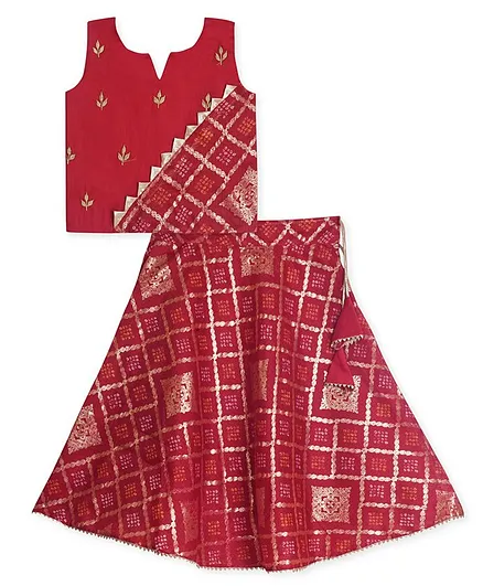 Kinder Kids Sleeveless Bandhani Gold Print Asymmetrical Choli With Lehenga - Red